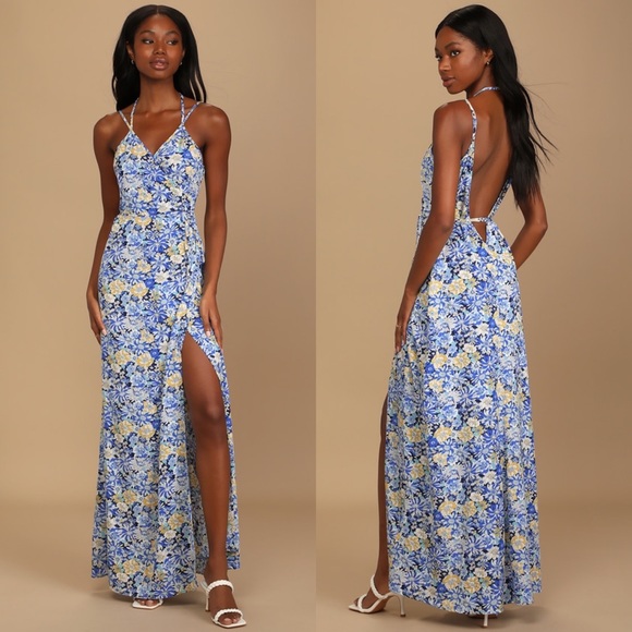 Lulu's Here To Be Happy Blue Floral Print Halter Wrap Maxi Dress S NWT - Picture 1 of 13